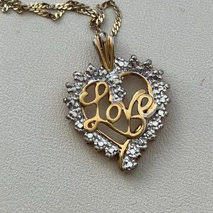 1 Real Diamond 925 Sterling Silver Gold plated pendant heart Love & chain 18"